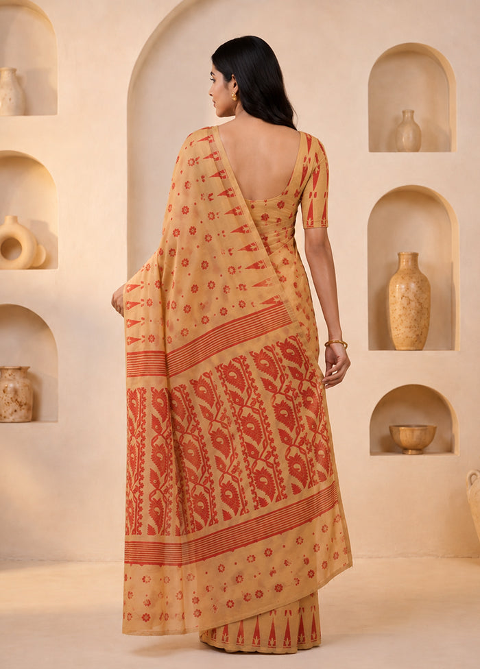 Cream Jamdani Cotton Saree Without Blouse Piece