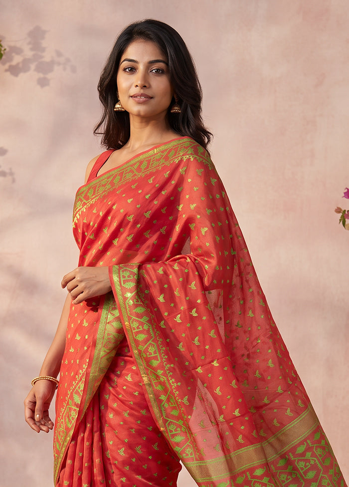 Red Jamdani Cotton Saree Without Blouse Piece