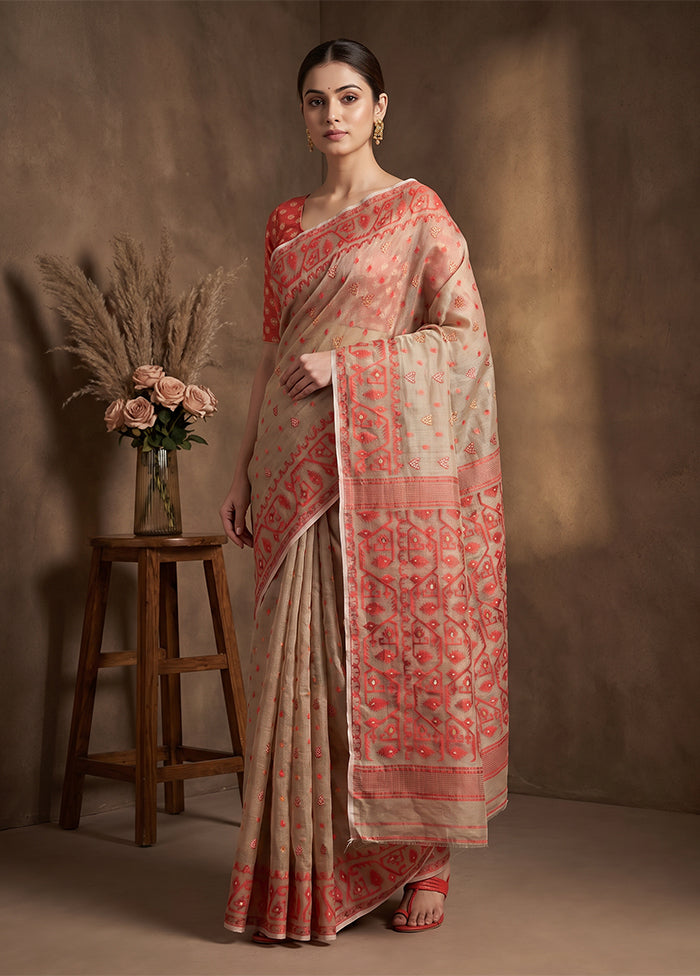 Cream Jamdani Cotton Saree Without Blouse Piece