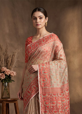 Cream Jamdani Cotton Saree Without Blouse Piece