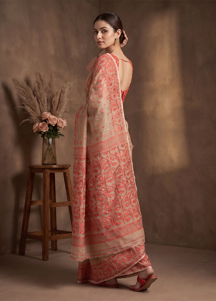Cream Jamdani Cotton Saree Without Blouse Piece