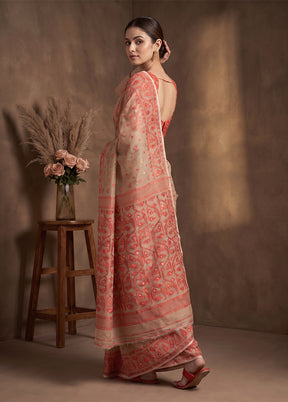 Cream Jamdani Cotton Saree Without Blouse Piece