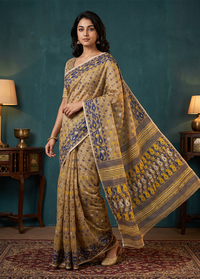 Cream Jamdani Cotton Saree Without Blouse Piece