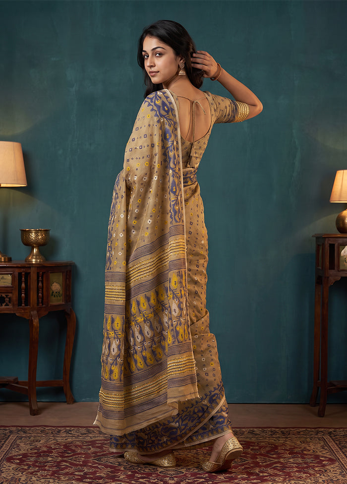 Cream Jamdani Cotton Saree Without Blouse Piece