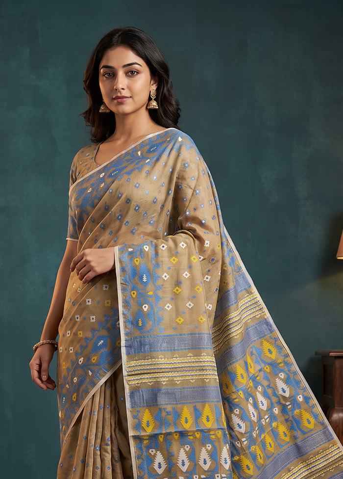 Cream Jamdani Cotton Saree Without Blouse Piece