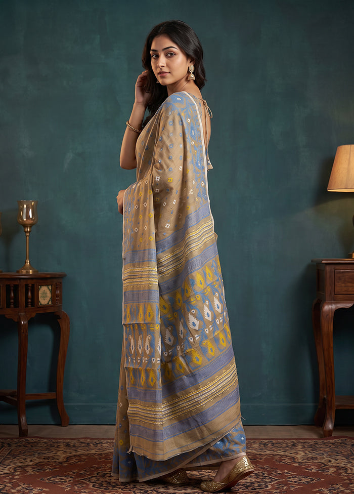 Cream Jamdani Cotton Saree Without Blouse Piece