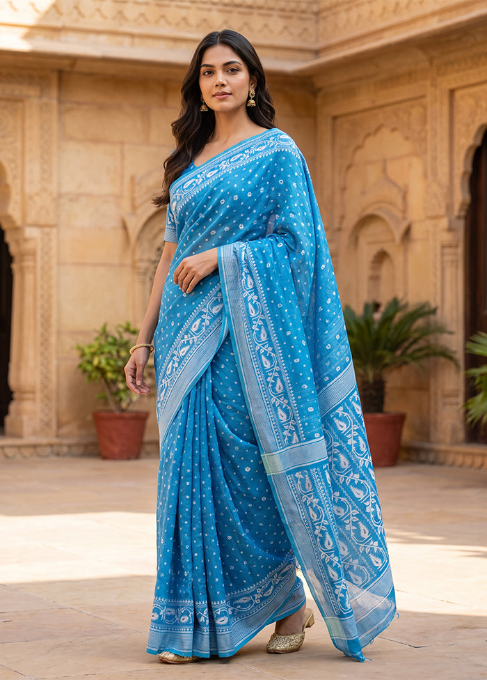 Blue Jamdani Cotton Saree Without Blouse Piece