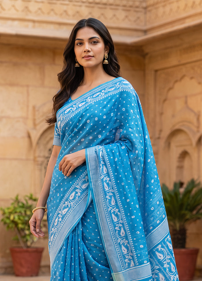 Blue Jamdani Cotton Saree Without Blouse Piece