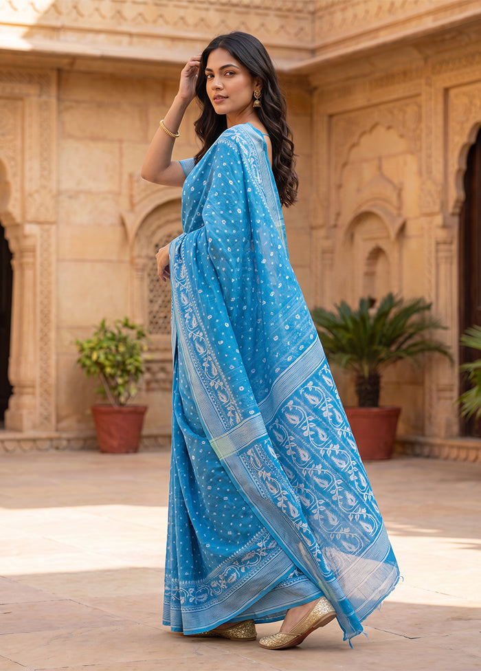 Blue Jamdani Cotton Saree Without Blouse Piece