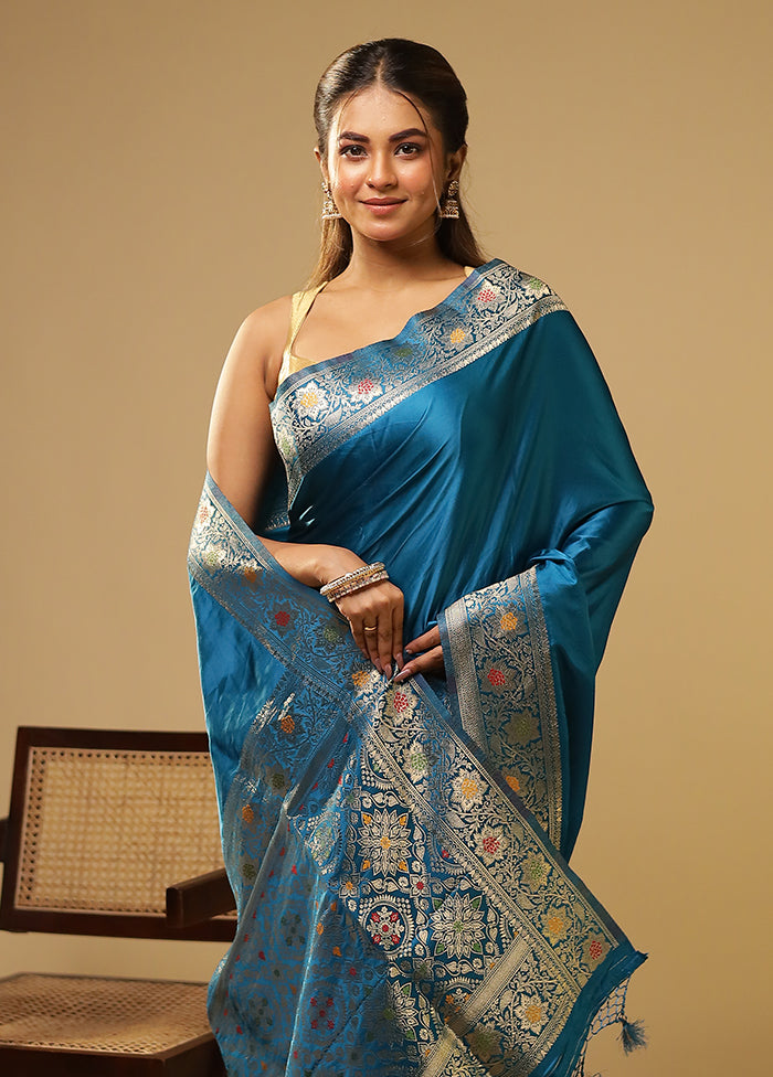 Blue Dupion Silk Saree With Blouse Piece