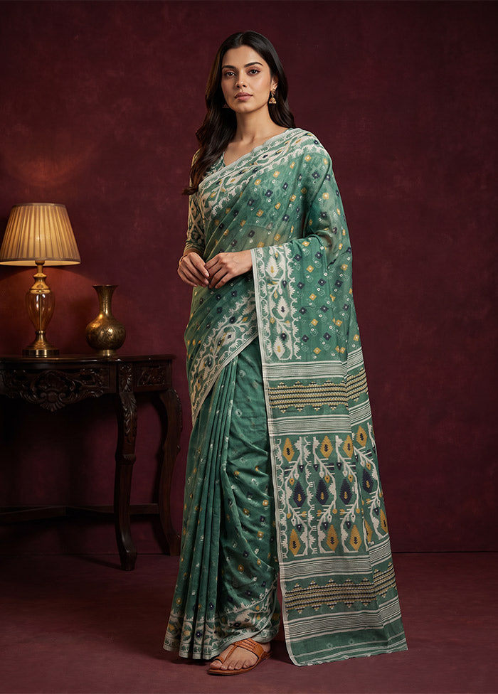 Green Jamdani Cotton Saree Without Blouse Piece