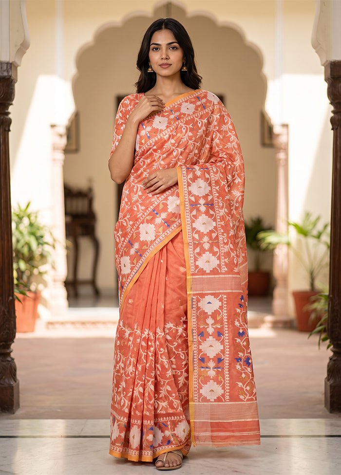 Orange Jamdani Cotton Saree Without Blouse Piece
