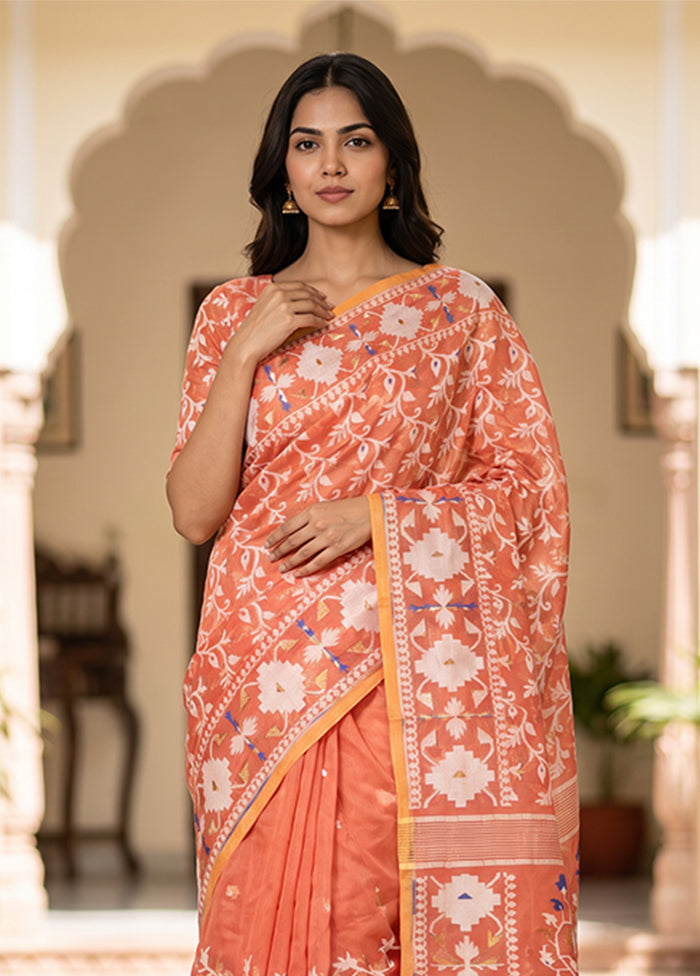 Orange Jamdani Cotton Saree Without Blouse Piece