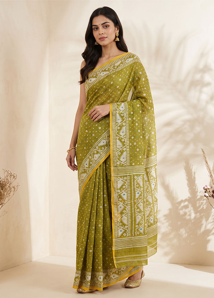 Green Jamdani Cotton Saree Without Blouse Piece