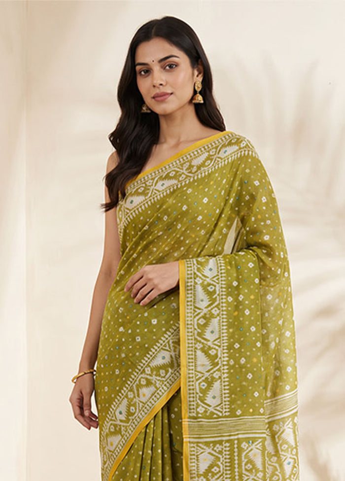 Green Jamdani Cotton Saree Without Blouse Piece