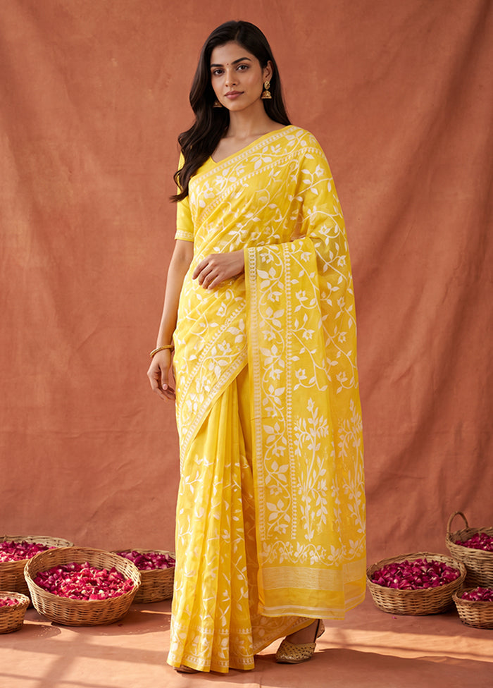 Yellow Jamdani Cotton Saree Without Blouse Piece