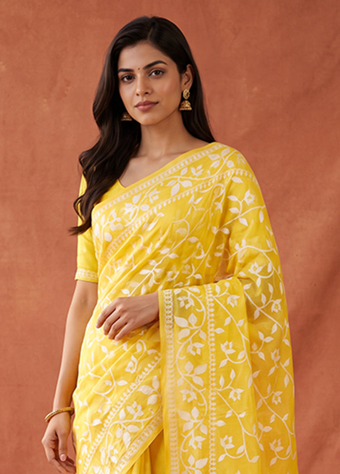 Yellow Jamdani Cotton Saree Without Blouse Piece