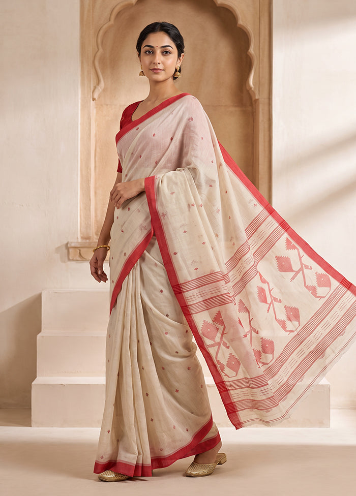 Cream Jamdani Cotton Saree Without Blouse Piece