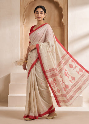 Cream Jamdani Cotton Saree Without Blouse Piece