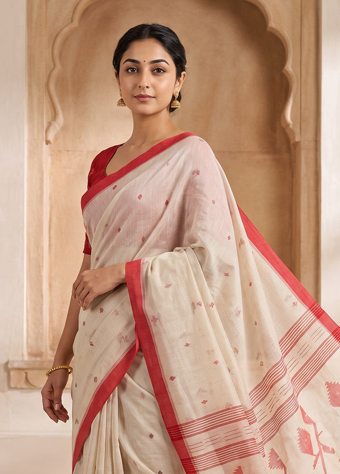 Cream Jamdani Cotton Saree Without Blouse Piece
