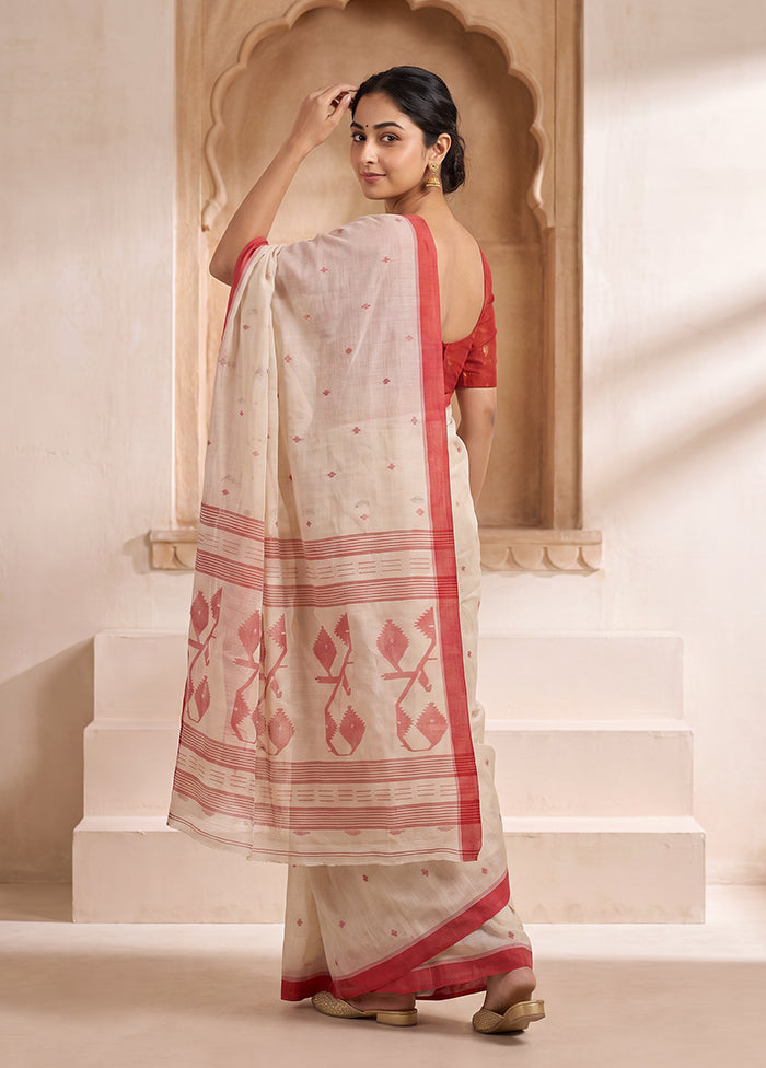 Cream Jamdani Cotton Saree Without Blouse Piece