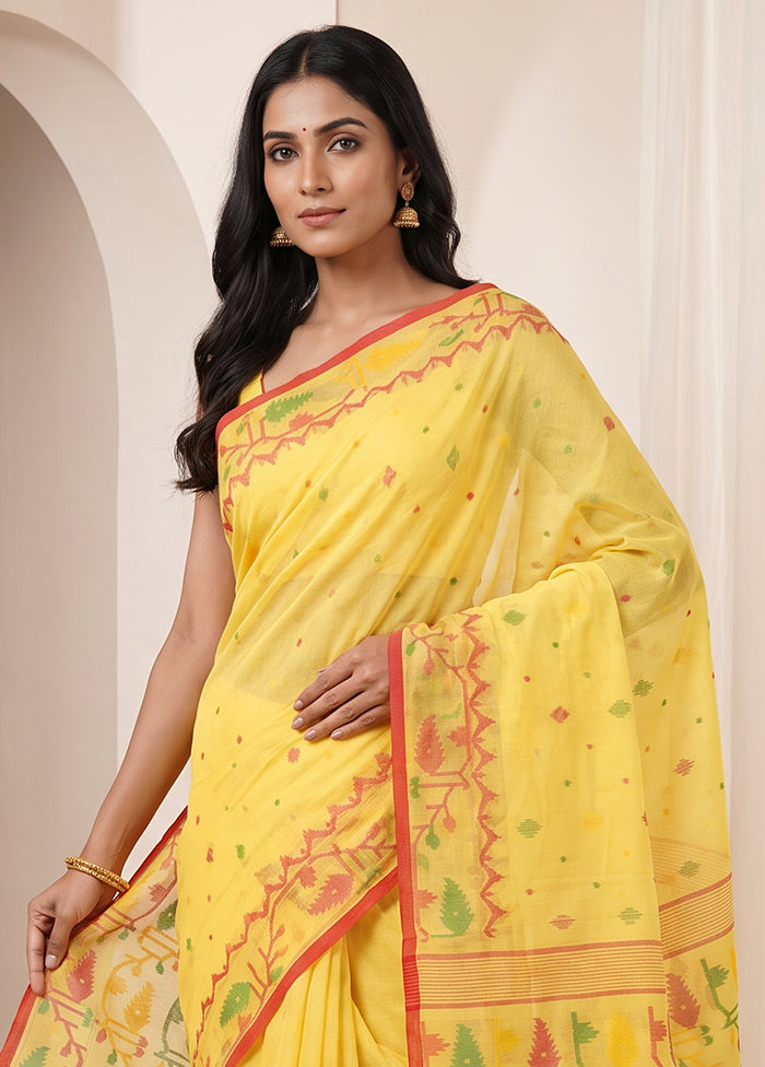 Yellow Jamdani Cotton Saree Without Blouse Piece