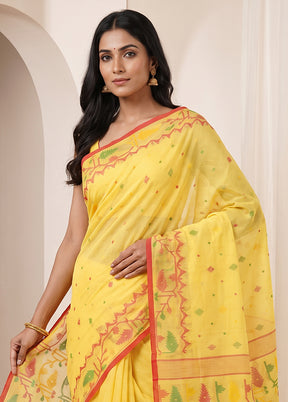 Yellow Jamdani Cotton Saree Without Blouse Piece