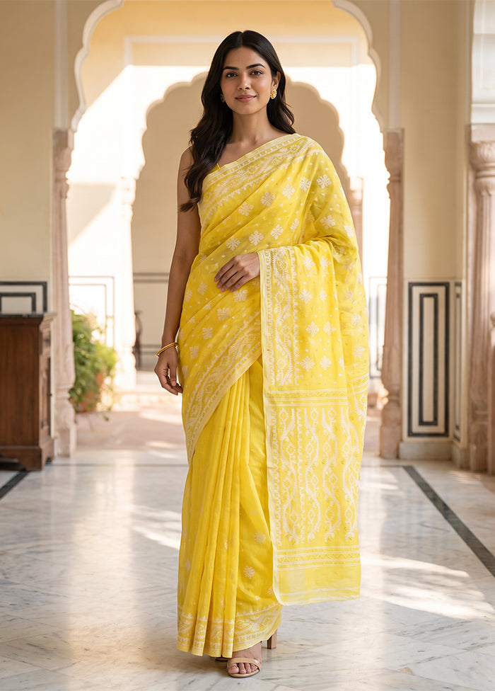 Yellow Jamdani Cotton Saree Without Blouse Piece