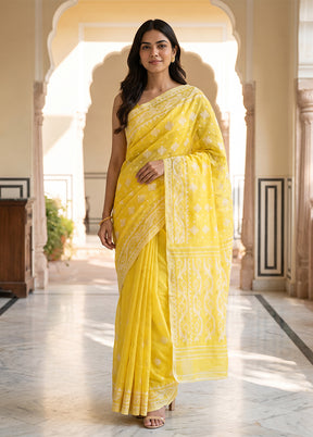 Yellow Jamdani Cotton Saree Without Blouse Piece