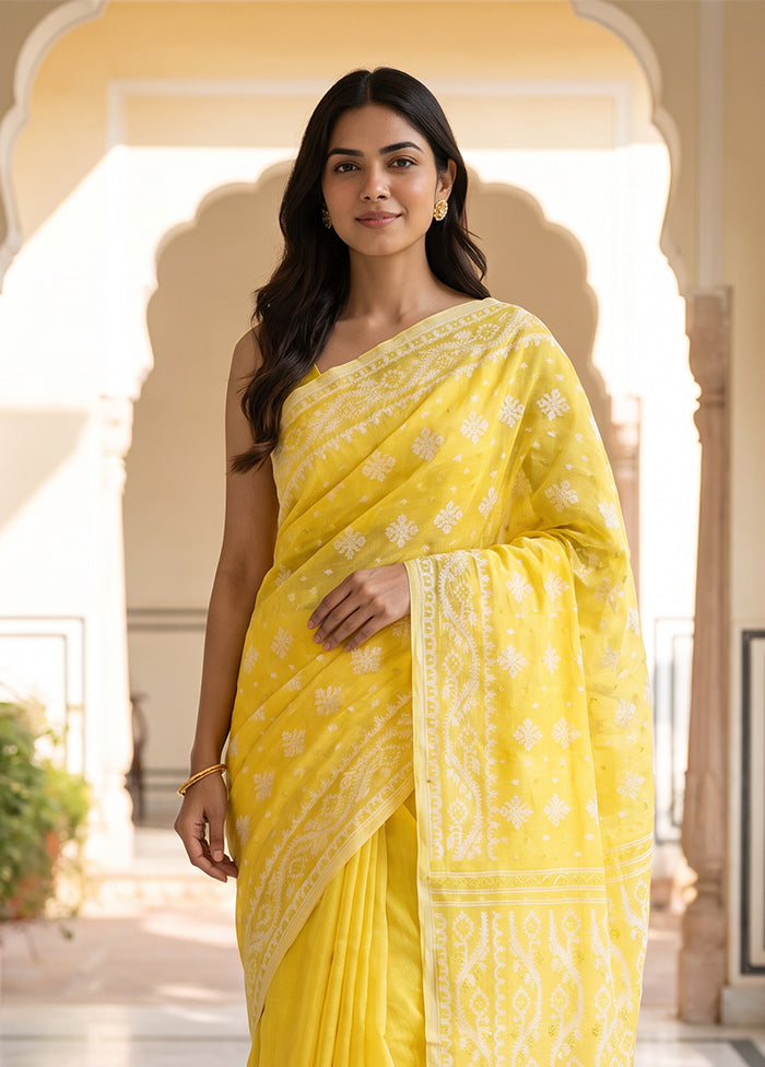 Yellow Jamdani Cotton Saree Without Blouse Piece