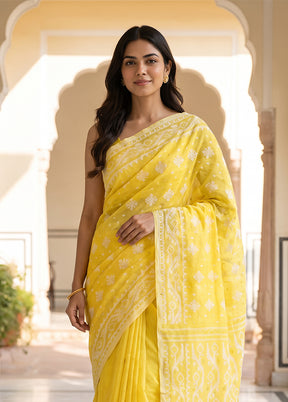 Yellow Jamdani Cotton Saree Without Blouse Piece