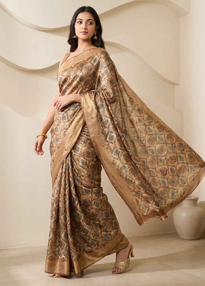 Cream Printed Silk Saree Without Blouse Piece