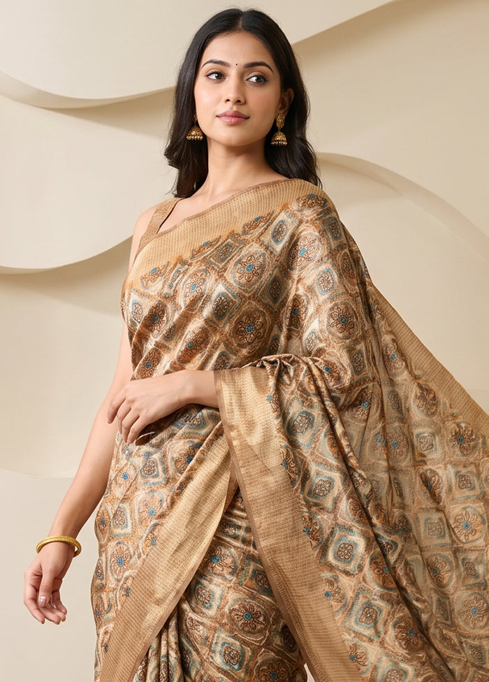 Cream Printed Silk Saree Without Blouse Piece