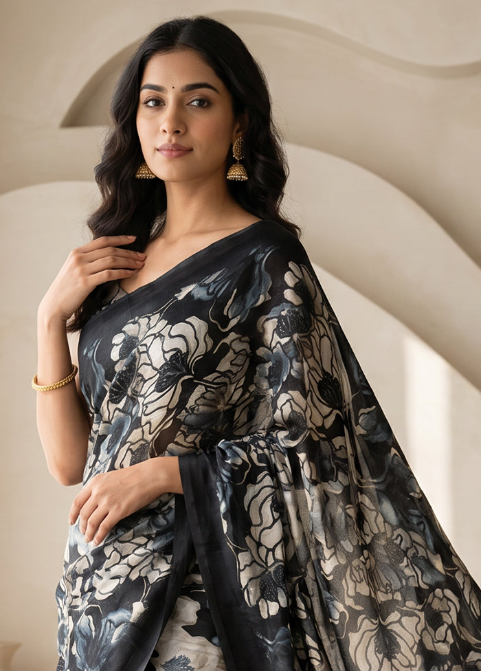 Black Printed Silk Saree Without Blouse Piece