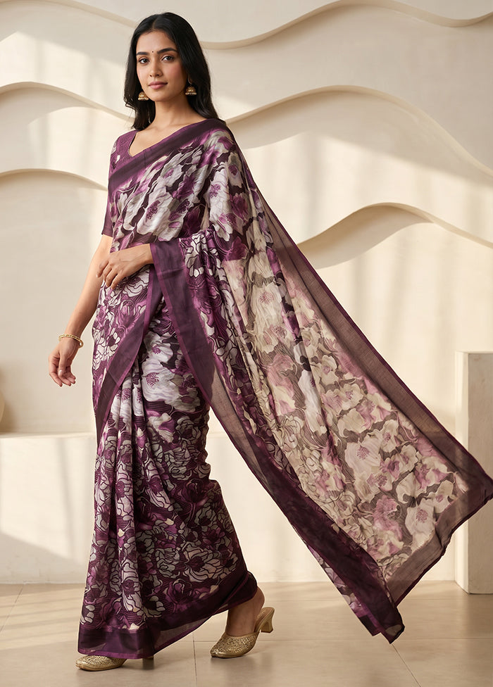 Grey Printed Silk Saree Without Blouse Piece