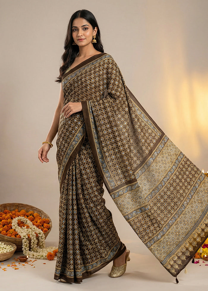 Black Printed Silk Saree Without Blouse Piece