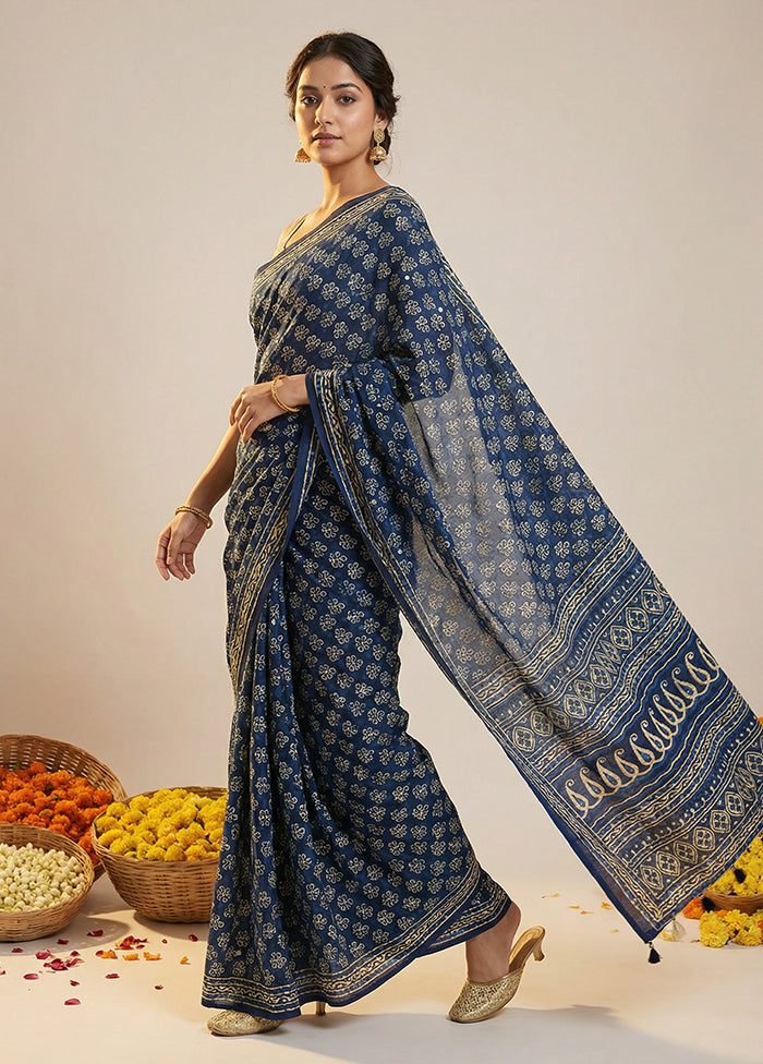 Blue Printed Silk Saree Without Blouse Piece