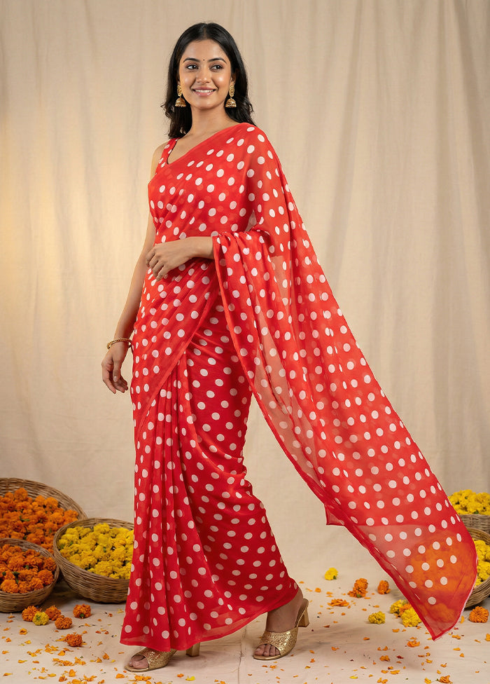 Red Printed Silk Saree Without Blouse Piece
