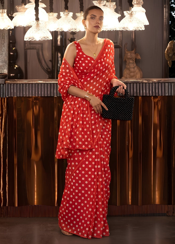 Red Printed Silk Saree Without Blouse Piece