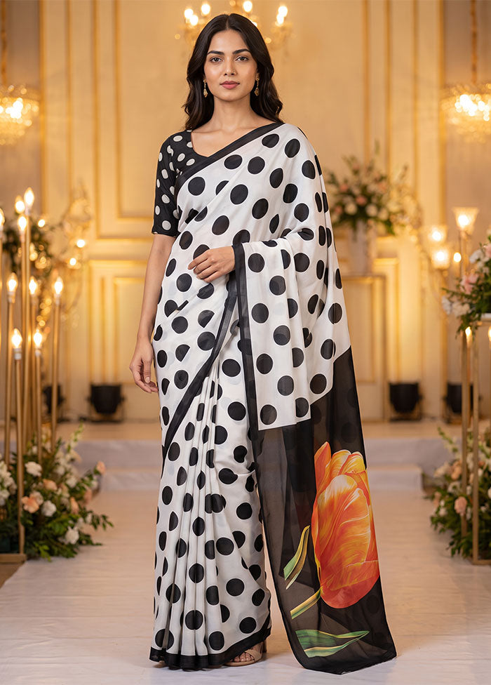 White Printed Silk Saree Without Blouse Piece