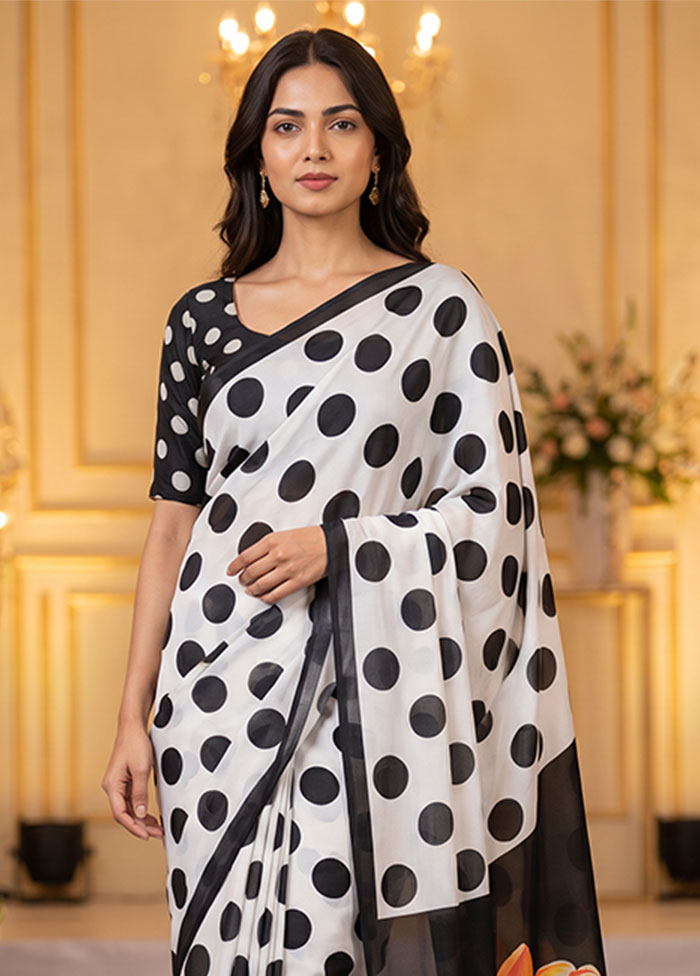 White Printed Silk Saree Without Blouse Piece