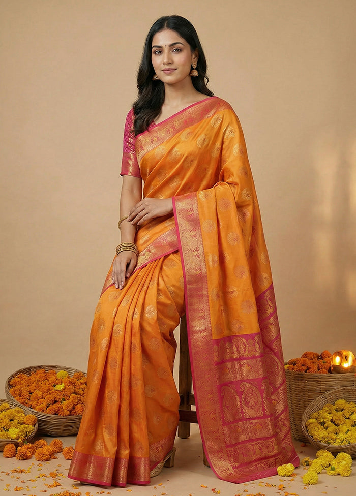 Yellow Dupion Silk Saree With Blouse Piece