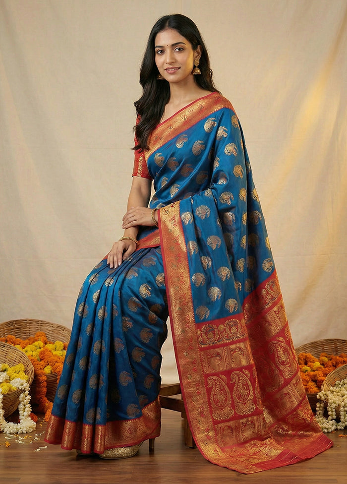 Blue Baluchari Silk Saree With Blouse Piece
