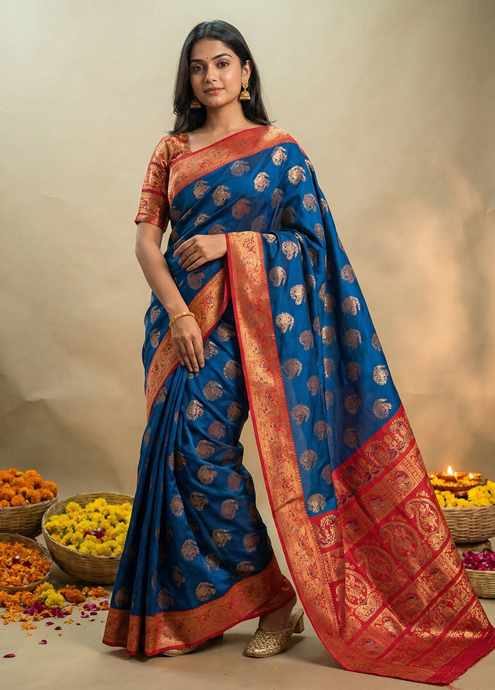 Blue Baluchari Silk Saree With Blouse Piece