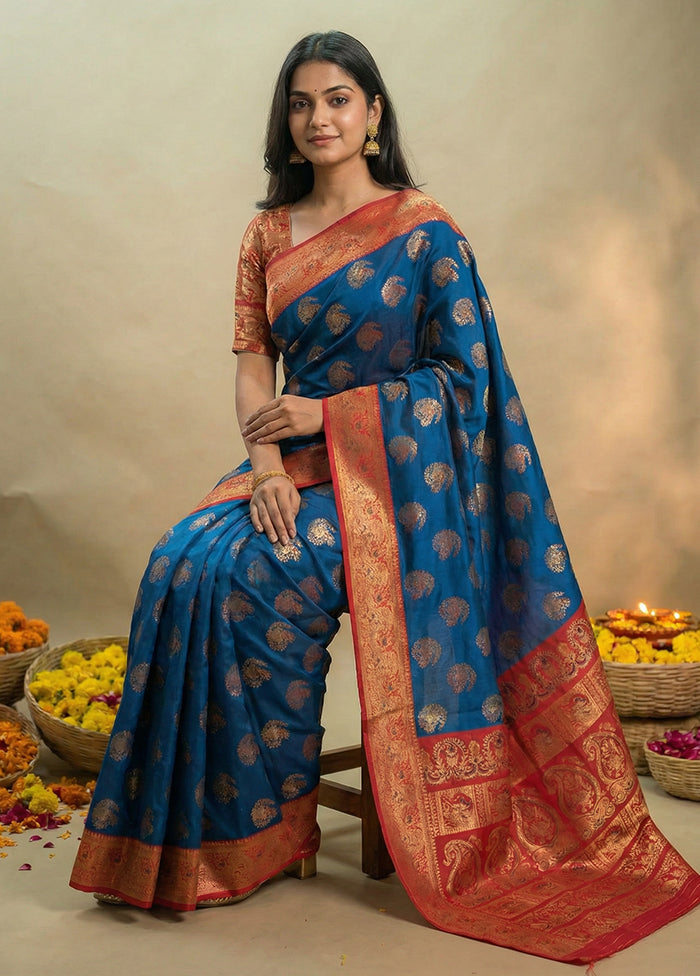 Blue Baluchari Silk Saree With Blouse Piece