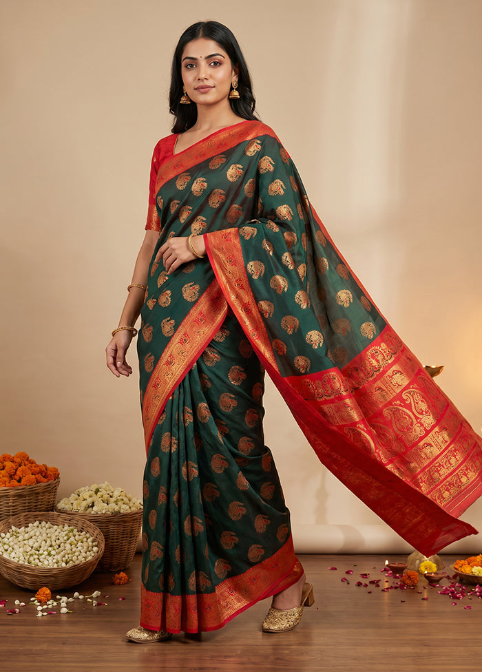 Green Baluchari Silk Saree With Blouse Piece