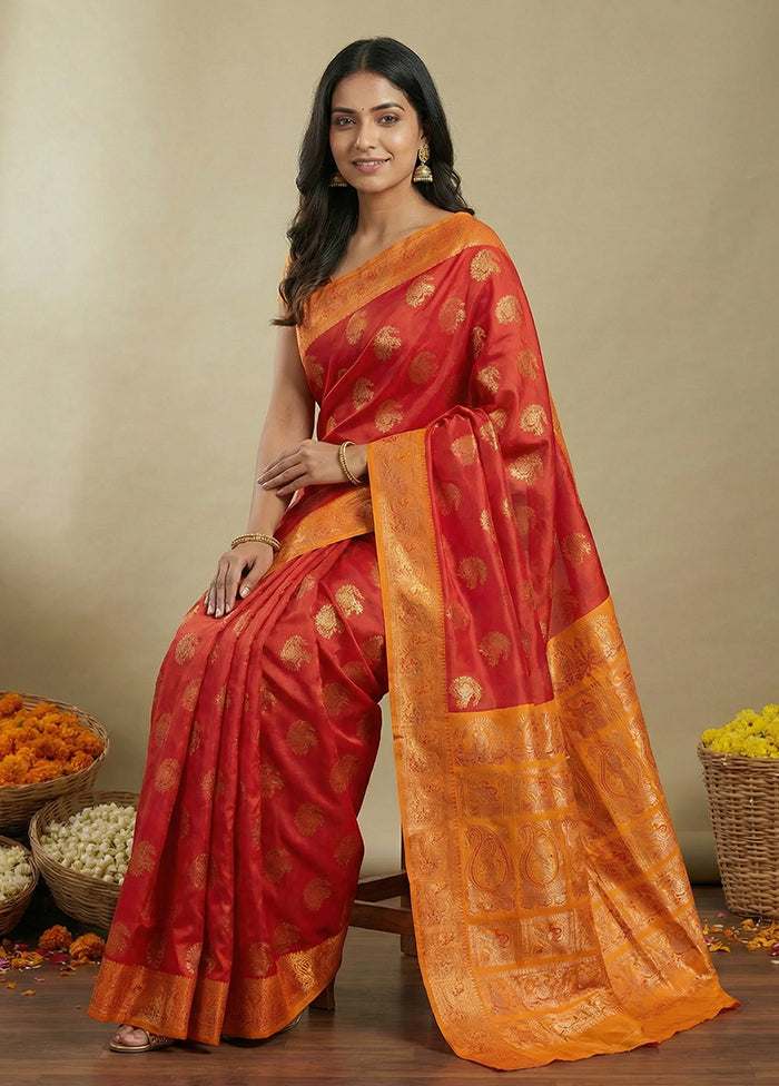Red Dupion Silk Saree With Blouse Piece