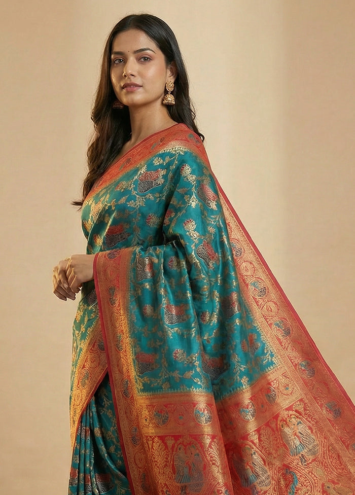 Green Dupion Silk Saree With Blouse Piece