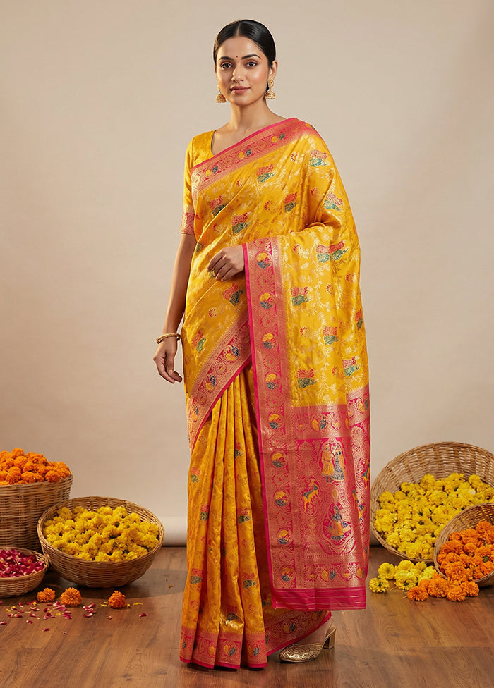 Yellow Dupion Silk Saree With Blouse Piece