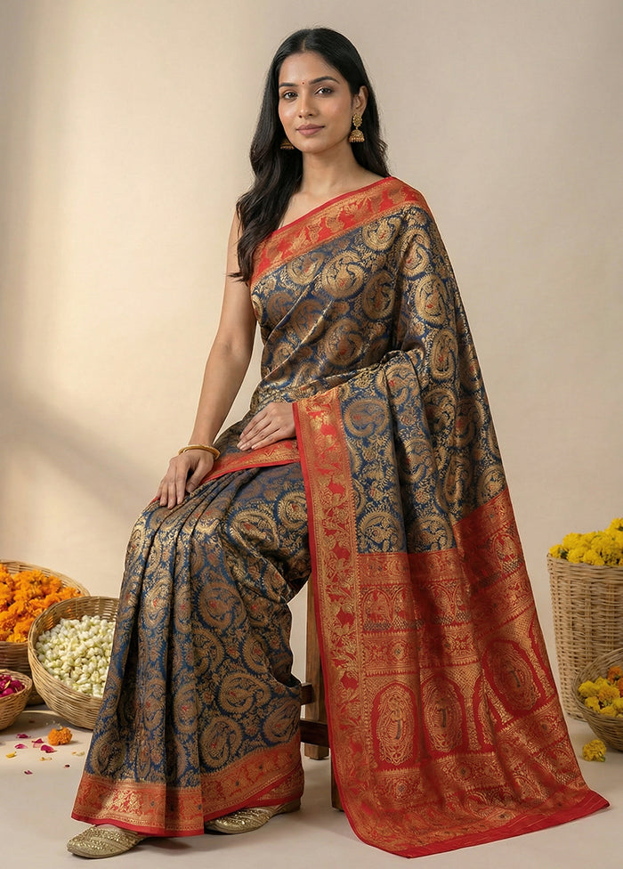 Blue Baluchari Silk Saree With Blouse Piece